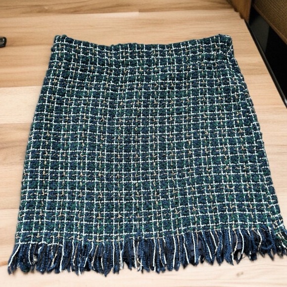 Le Lis Plaid Mini Skirt Medium Blue Green Side Zip Fringe Lined Fall Winter - Picture 3 of 4